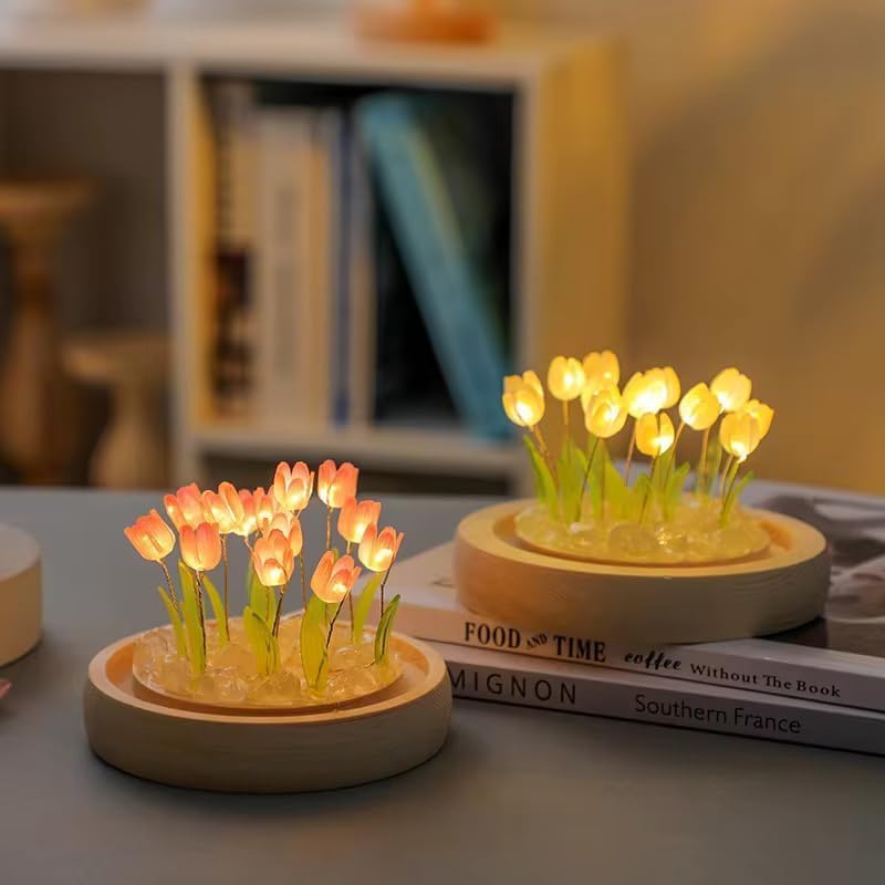 Glass Wireless Romantic Night Light for Bedroom, LED Decoration Night Lamp for Home Decor & Gifting, Tulip Flower Table Lamp, Battery Powered, 9 DIY Flowers Soft Pink Glow (Pink Tulip)