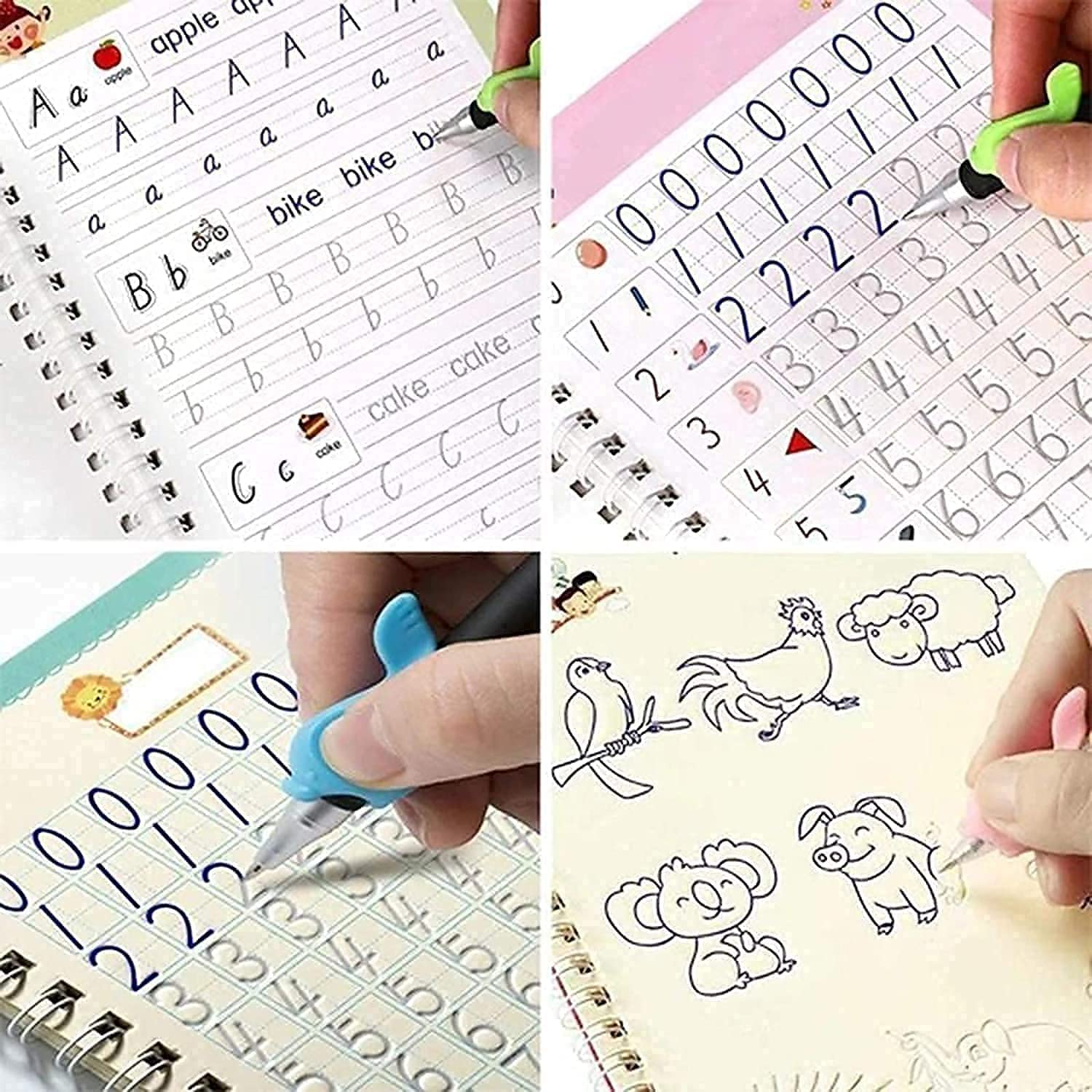 Sank Magic Practice Copybook, (4 BOOK + 10 REFILL+ 1 Pen +1 Grip) Number Tracing Book for Preschoolers with Pen, Magic Calligraphy Copybook Set Practical Reusable Writing Tool Simple Hand Lettering